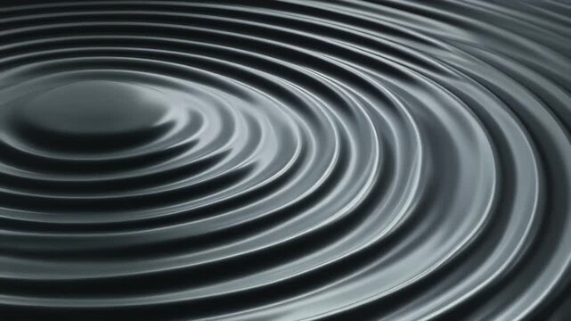 Smooth concentric ripples on a dark reflective surface forming a hypnotic pattern, high-contrast metallic look