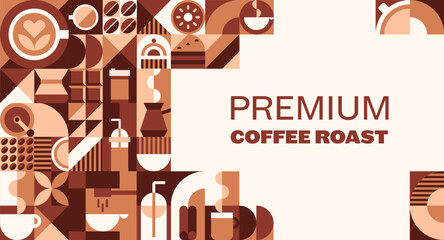 Obraz premium Premium coffee and hot chocolate banner with brown and beige geometric pattern, featuring cup, mug, kettle pot, grinder and roasted beans. Vector retro modern grid background for cafe or cafeteria