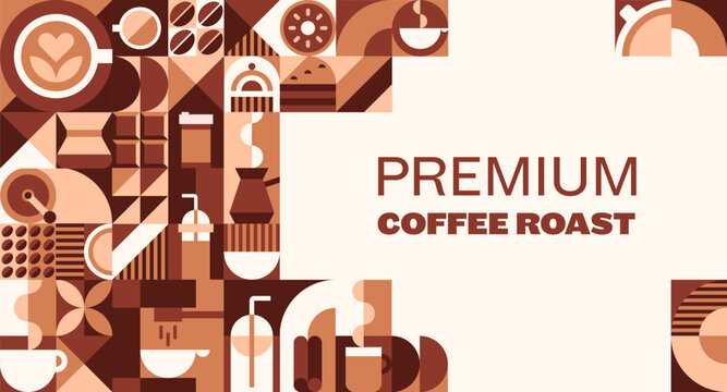 Premium coffee and hot chocolate banner with brown and beige geometric pattern, featuring cup, mug, kettle pot, grinder and roasted beans. Vector retro modern grid background for cafe or cafeteria