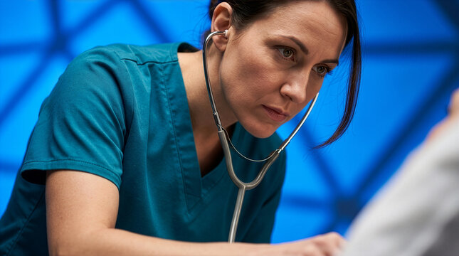 Female nurse in teal scrubs listening with stethoscope on blue background