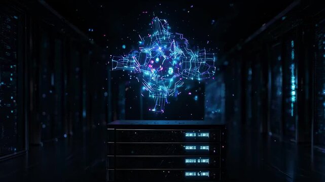 Futuristic server room with glowing holographic data structure above rack, neon blue and purple digital network, dark high-tech environment