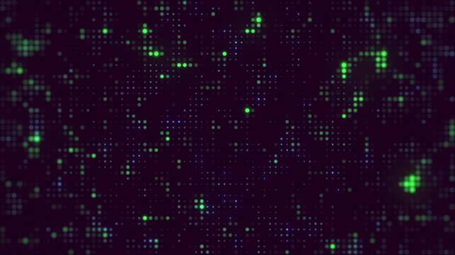 Animated glowing green and blue dots forming digital data information display background