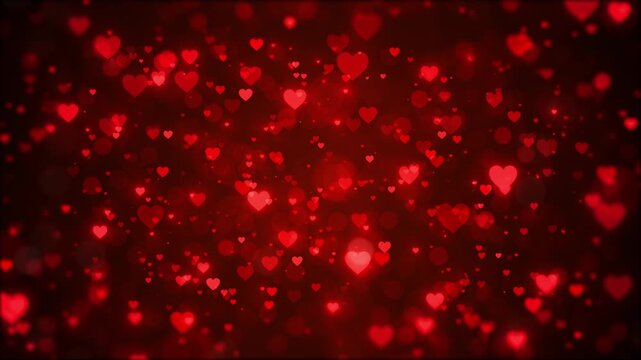 Red romantic hearts bokeh background glowing love shapes, soft blur, warm particles, dreamy Valentine mood. wedding videos, anniversary greetings, romantic reels, proposal titles, celebration overlays