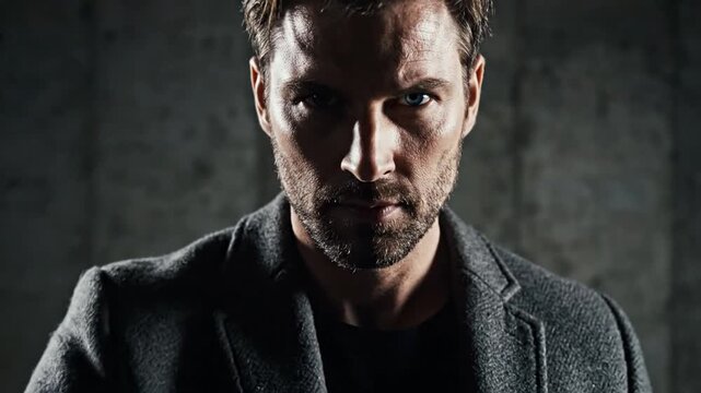 Intense man with stubble in grey coat against concrete wall