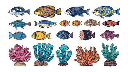 Underwater Life: An artistic collection of vibrant fish and colorful coral reef elements, depicting the diverse beauty of marine ecosystem. © abidakhatun