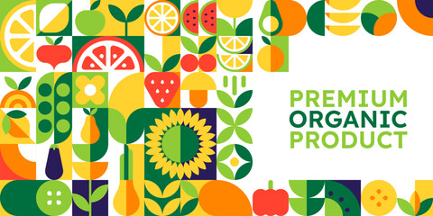 Naklejka premium Organic food fruits and vegetables poster with mosaic geometric ornament pattern. Colorful poster featuring orange, lemon, apple, peas and watermelon. Vector organic food festivals