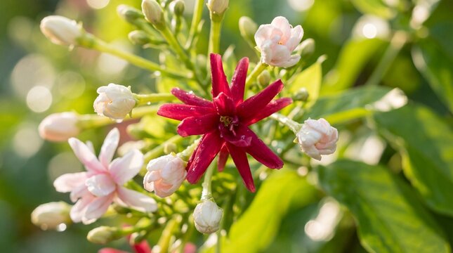 Closeup of rangoon creeper flowers with buds in a garden
