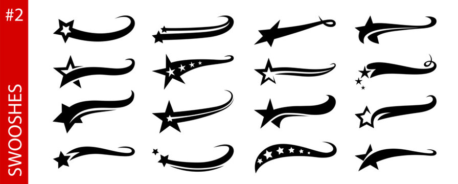 American sport swoosh and swash ribbon tails. Baseball sports flourishes with star tail, retro swish and swash underline ribbons with twinkle starlets. Vintage vector set of athletic typography script