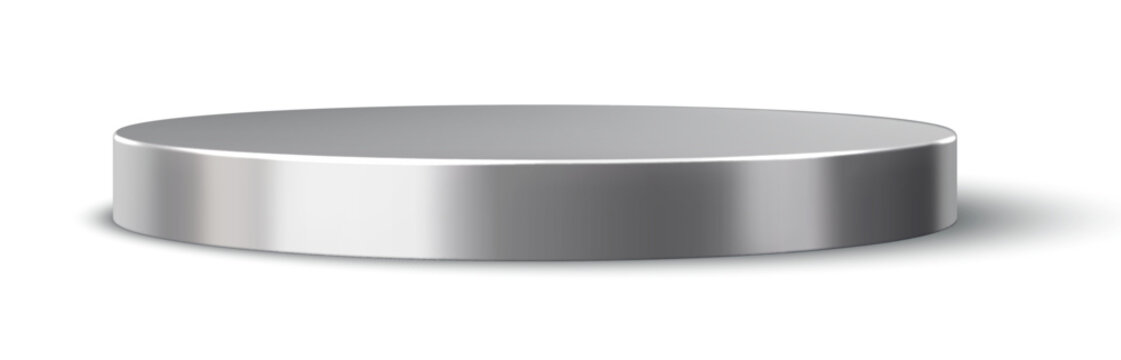 3D round silver podium stage, metal pedestal for vip product presentation and display. Realistic circular platform with smooth metallic surface and polished texture for luxury promotion or celebration