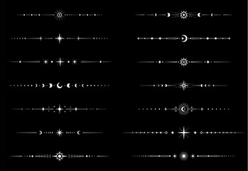 Celestial dividers, border frame and separators with fantasy vector stars, moon and sun, silver sparks and abstract geometric shapes. Mystic esoteric boho dividers and celestial frame border © Buch&Bee
