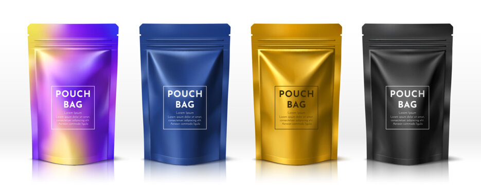 Realistic pouch bag packages template mockup. Vector 3d foil stand up zipper sachets or doypack pouches for food product packaging. Blue, gold, black and iridescent aluminum zip lock bags set