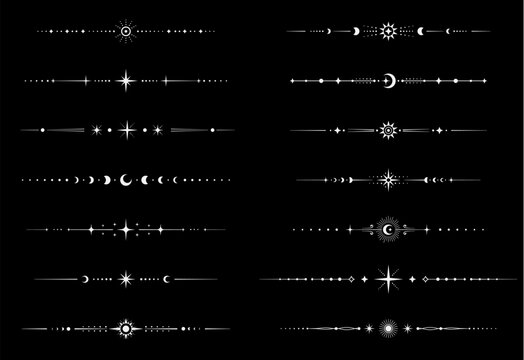 Celestial dividers, border frame and separators with fantasy vector stars, moon and sun, silver sparks and abstract geometric shapes. Mystic esoteric boho dividers and celestial frame border