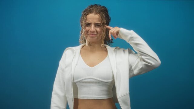 Woman points finger to temple, curly hair, white crop top and hoodie with midriff showing in studio; confusion.