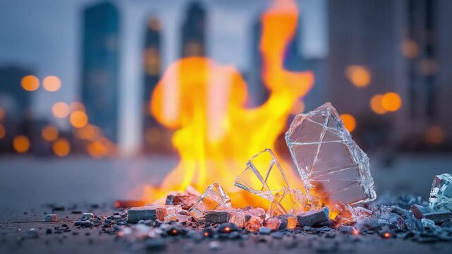 Melting Glass: In a vibrant urban setting, shards of glass melt in intense heat with cityscape bokeh background.