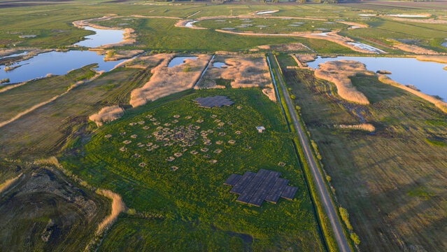 Aerial view of the LOFAR superterp radio telescope array surrounded by green fields, water channels, and reeds under soft light in Buinen, Drenthe, Netherlands.
