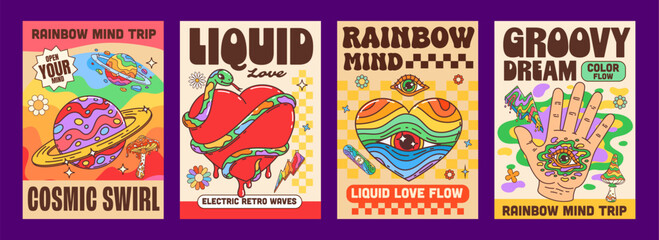 Naklejka premium Y2K funky groovy hippie posters with space planet and hearts, vector retro psychedelic designs. Groovy Y2K posters with rainbow love and snake, eye in hand with 70s trippy quotes and mushrooms
