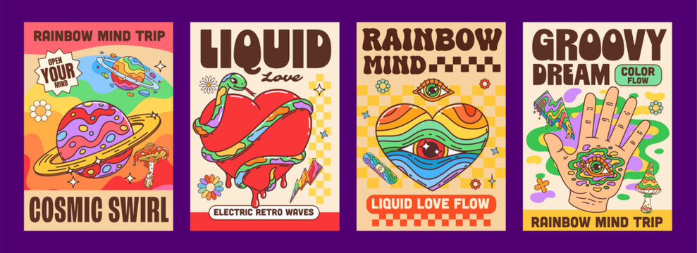 Y2K funky groovy hippie posters with space planet and hearts, vector retro psychedelic designs. Groovy Y2K posters with rainbow love and snake, eye in hand with 70s trippy quotes and mushrooms