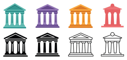 Obraz premium Government and banking building icon collection, courthouse and institutional architecture symbols, law and finance authority icons in flat vector style, simple modern design for digital interfaces