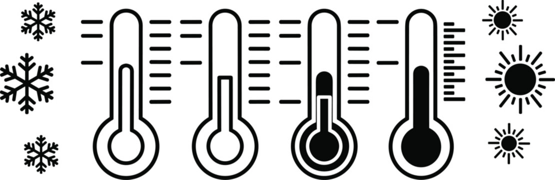 Temperature level icons with thermometer symbols and weather elements indicating heat and cold stages for forecast.