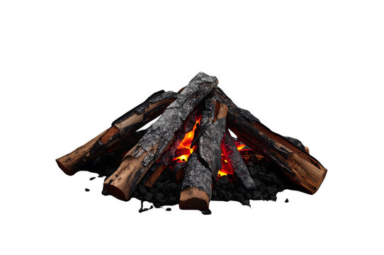 Burning campfire logs with glowing embers on transparent background