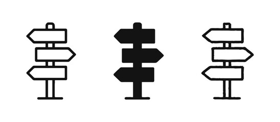 Directional signpost icon set with outline, solid and hand-drawn styles, wooden guide post concept © ICONS FOR YOU