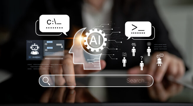 AI assistant prompt input system processes tasks with logic, data, automation, support tools and intelligent engine platform. AI search engine with generative chatbot and digital technology. Corpus