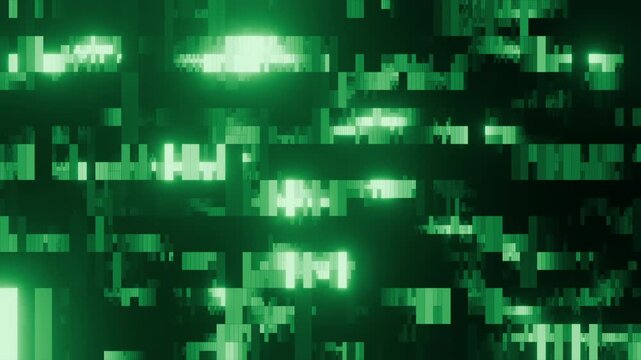 Glowing green detailed flashing data blocks animation seamless loop