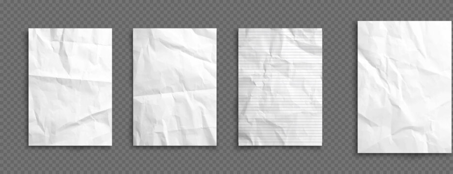 School notebook crumpled paper sheets with wrinkled texture, realistic vector. Lined paper sheets and crumpled blank pages of copybook with jammed folds on white background for posters or banners