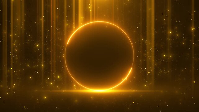 Golden eclipse orb particle background glowing circular rim, light rays, floating dust, dark luxury depth logo reveals, spiritual award intros, premium titles, magic portals, cinematic overlays.