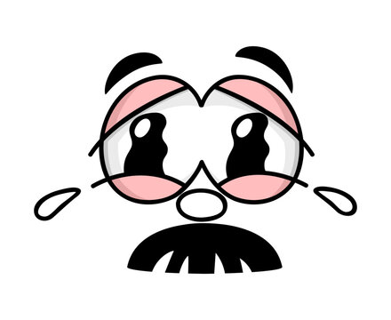 Cartoon unhappy face emotion, sad, upset and cheerless emoji expression with moustaches. Depressed crying face with large tearful eyes and whiskers, conveying upset, sorrowful and melancholy emotion