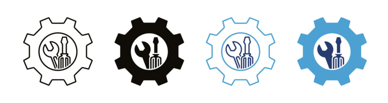 Gear settings maintenance icon set, engineering service and repair symbols, technical process and system vector collection on transparent background