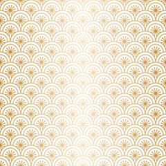 Gold colored decorative seamless pattern inspired by traditional chinese scaly seigaiha wave ornament and sakura flowers. East asian style line art flaky EPS 10 vector background. © shevalierart