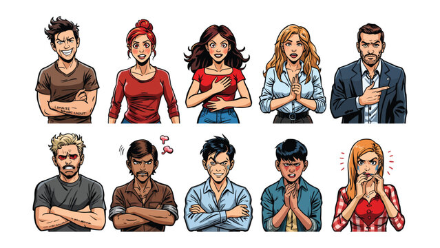 Expressing Inner States: A vivid array of human emotions is portrayed through these ten distinct illustrations, each capturing a unique feeling. Explore the spectrum of human sentiment.