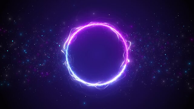Purple blue energy ring space background glowing circular plasma, star particles, cosmic dark depth. sci fi intros, music visuals, tech reveals, fantasy portals, logo animations, futuristic overlays.