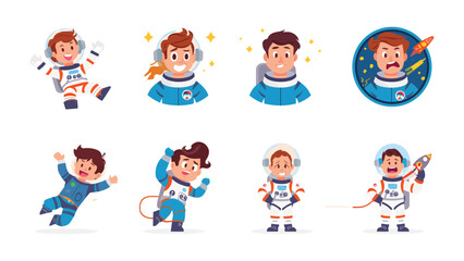 Astronaut Cartoon Set: Collection of whimsical cartoon astronauts showcasing diverse expressions and poses. © AJM