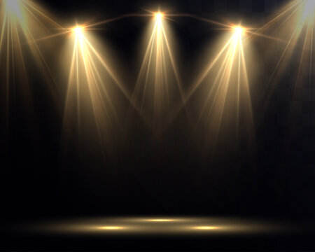 golden stage spotlight beams set glowing light rays scene illumination effect on dark background
