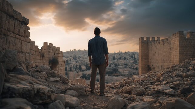  A young man stands before Jerusalem&rsquo;s ruins at sunset, where broken walls awaken a firm hope of restoration, transforming deep pain into purposeful resolve.
