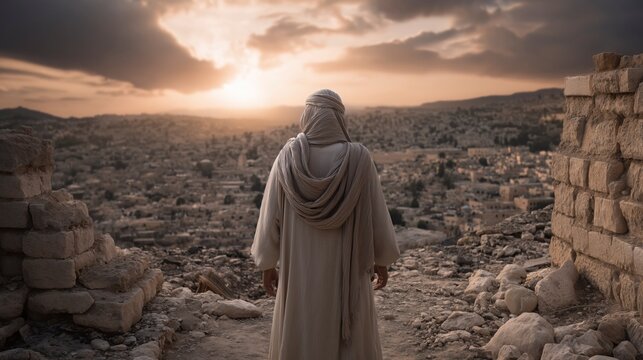 Biblical story, Before Jerusalem&rsquo;s broken walls Nehemiah stands at dusk, where ashes and silence deepen his sorrow yet ignite a determined vision to rebuild and restore a fallen city.
