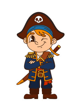 Winking boy kid pirate skipper cartoon cute character. Child pirate crew boatswain cheerful mascot, kid sailor bandit cute vector character. Filibuster fighter funny personage with sword on back