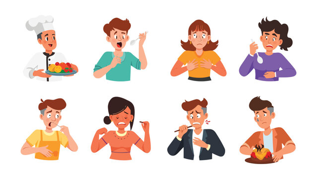 Culinary Catastrophe: A comical illustration presents individuals in various states of shock and dismay after experiencing the apparent failure of their culinary efforts.