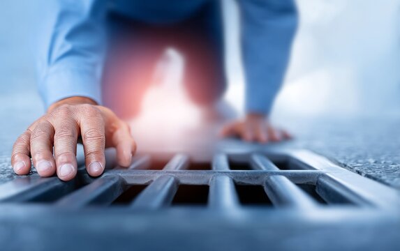 Man Lifting Metal Grate Cover to Access Underground Area Below Surface