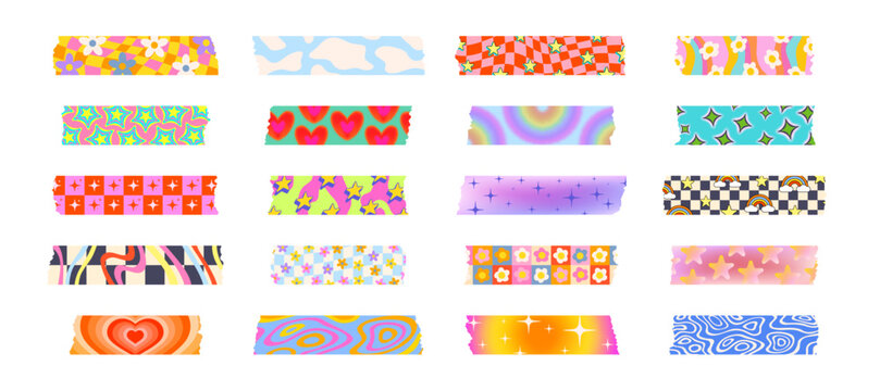 Sticky washi tape with Y2K aesthetic patterns. Memo note vector adhesive piece, diary sticky strip. Washi tape patch with stars, hearts and flowers, rainbows and psychedelic swirls, geometric pattern