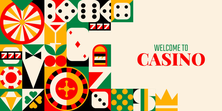 Casino poker and gambling games banner with geometric pattern, vector background. Welcome to casino banner with geometric pattern of poker dice and ace card, gamble slot machine and wheel of fortune