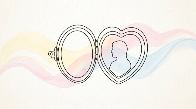 Minimal line drawing of open locket, oval and heart halves, silhouette inside heart, pastel wavy background in pink, yellow, blue, evoking sentimentality and memory.