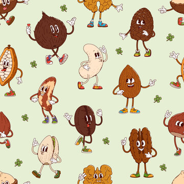 Groovy nuts and seeds characters seamless pattern. Textile vector background or print. Fabric seamless pattern with coconut, walnut, pine, cashew and pistachio nut and bean cheerful groovy personages