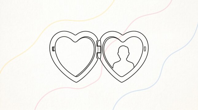 Minimal line drawing of open locket, oval and heart halves, silhouette inside heart, pastel wavy background in pink, yellow, blue, evoking sentimentality and memory.