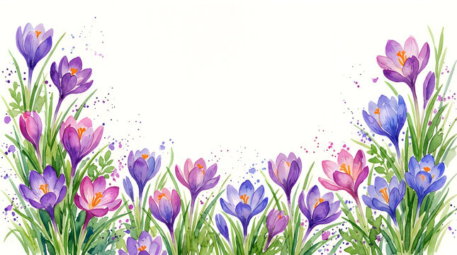 Watercolor illustration of blooming crocus flowers in spring with watercolor blooming botanical illustration painting
