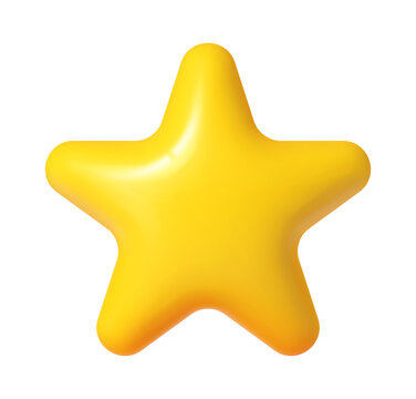 Yellow 3d five point star realistic form. Customer experience or product rating golden star 3d icon, balloon realistic vector shape. Yellow five point star symbol or isolated form