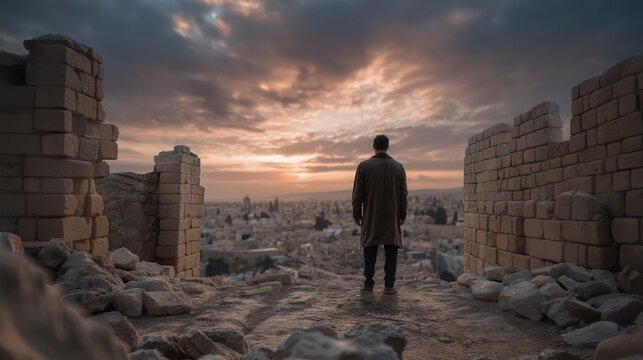  A young man stands before Jerusalem&rsquo;s ruins at sunset, where broken walls awaken a firm hope of restoration, transforming deep pain into purposeful resolve.
