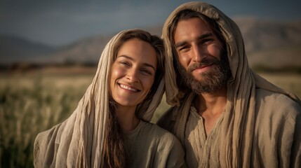 Fototapeta premium In open farmland, Manoah and his wife stand in humble garments as an angelic messenger appears nearby in soft daylight, with wheat fields and hills under a clear sky. 